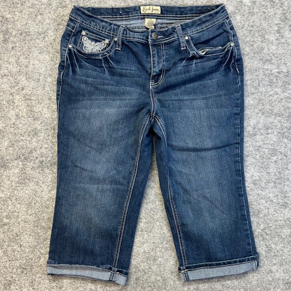 Earl Jean Capri Jeans Women Size 12 Blue Butterfly‎ Rhinestone Embellished Y2K